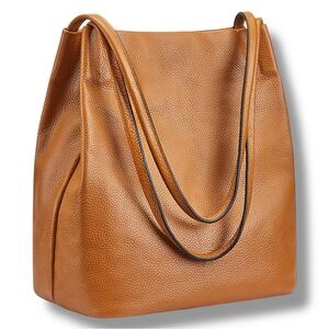Kattee Genuine Pebbled Leather Shoulder Tote Cognac Large Work Travel Bag